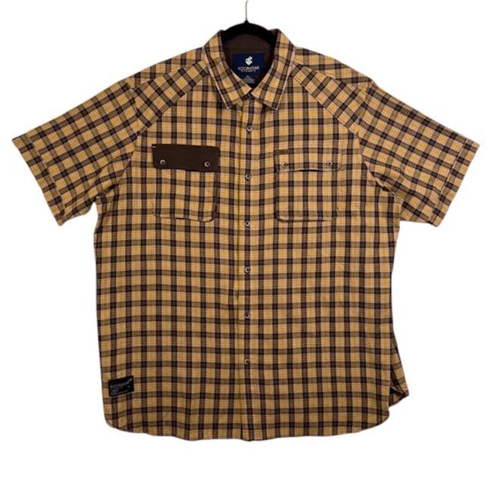 Rocawear Classic Workwear Shirt Short Sleeve Button Front Pockets Brown Gold 3XL